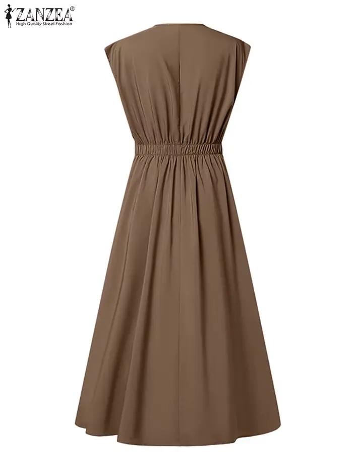 ZANZEA Femme élégante plissée a-ligne robes longues mode col en v sans manches taille haute fête