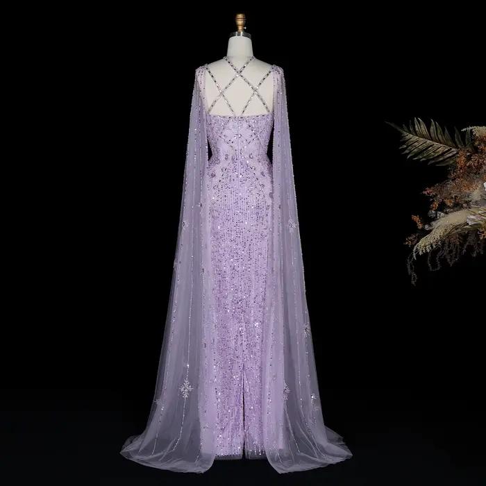 Sharon Said Dubai Champagne sirène robes de soirée avec manches Cape Aqua croisé lilas robe