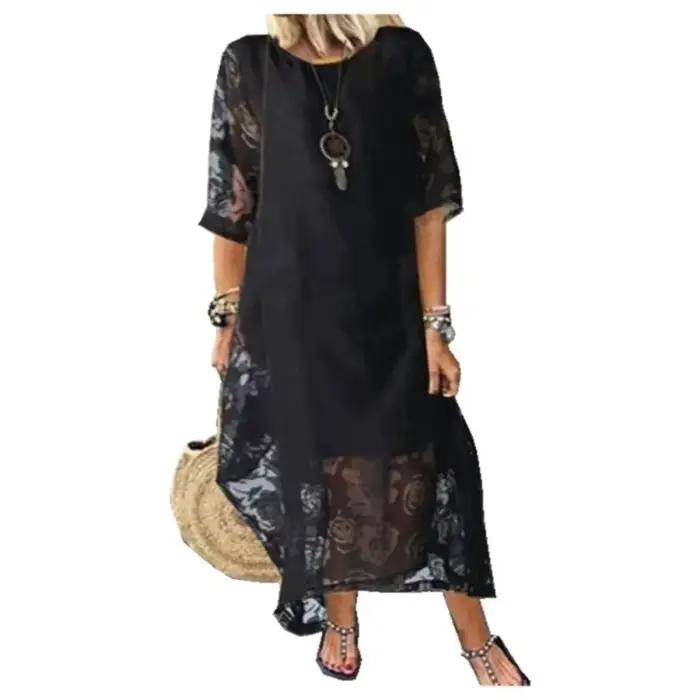 Femmes L-5XL grande taille été col rond manches courtes dentelle longue robe Vintage fait à la main creux fleur
