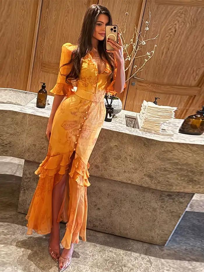 Robe longue artistique verte à motifs floraux