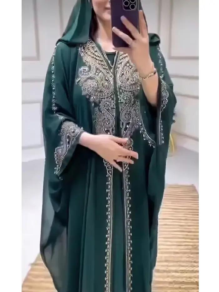Eid Robe musulmane pour femmes à capuche Abaya 2 pièces ensemble diamant Jalabiya Maroc robes de soirée dubaï Abayas