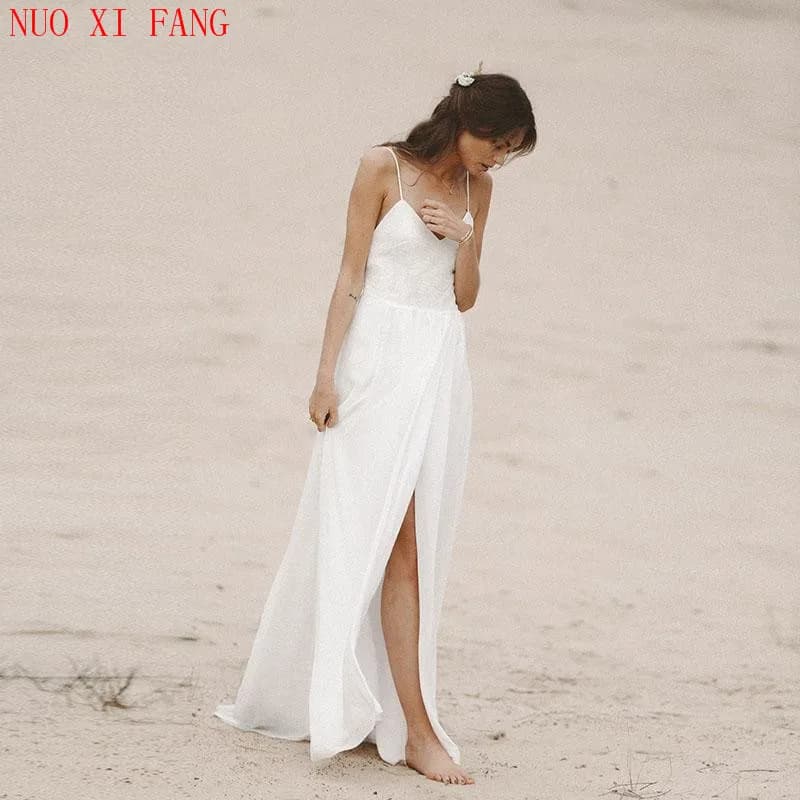 Robe de Mariée Sexy en Mousseline de Soie, Tenue de Plage, Col en V, Dos aux, Bretelles Spaghetti, S