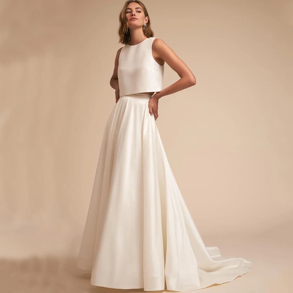 Robe de Mariée en Satin Deux Pièces, Col Rond, Corps Supérieur en Fibre, A-ligne, Longueur au Sol av