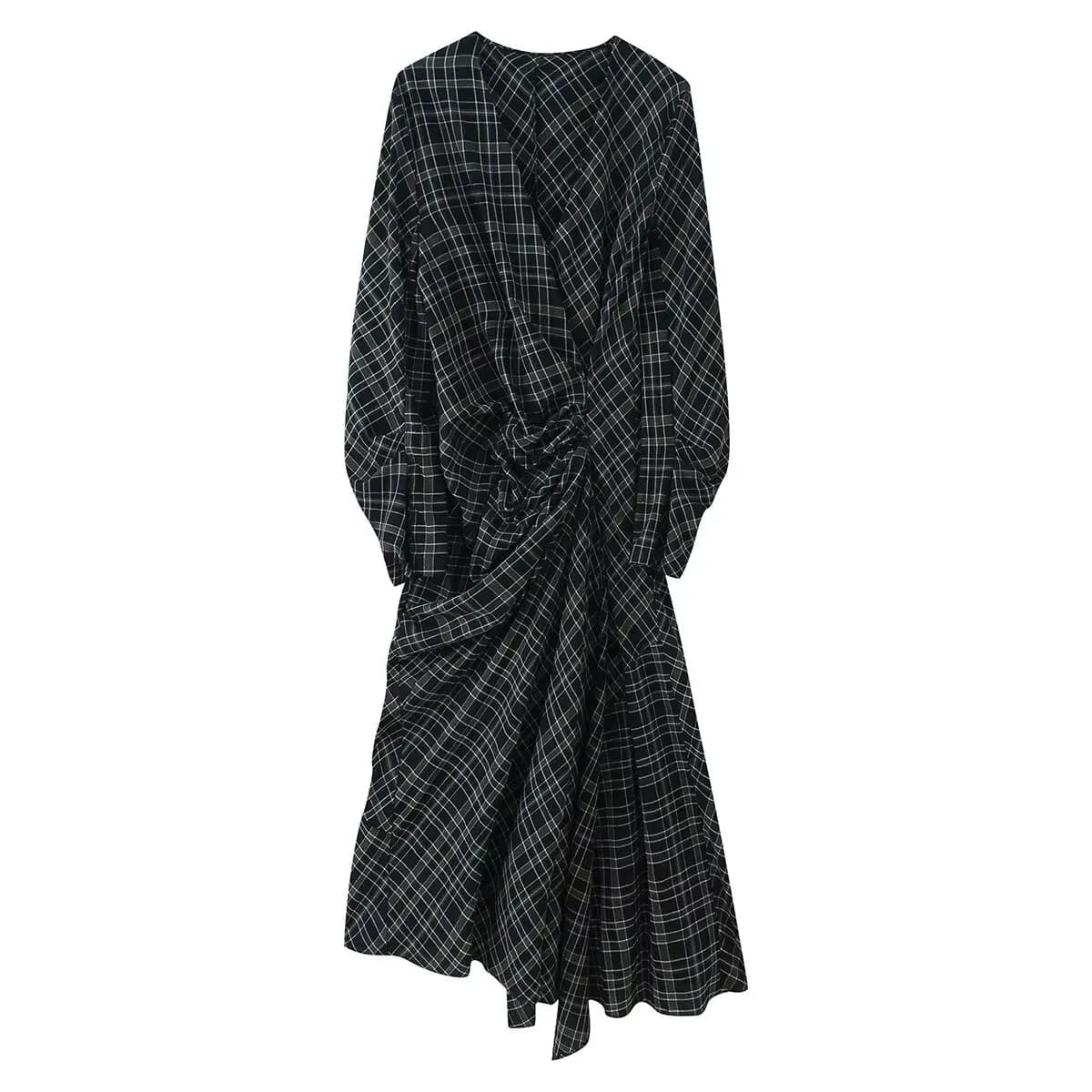 HH femme élégante col en v Plaid plissé décoration manches longues robe mi-longue femme mode taille