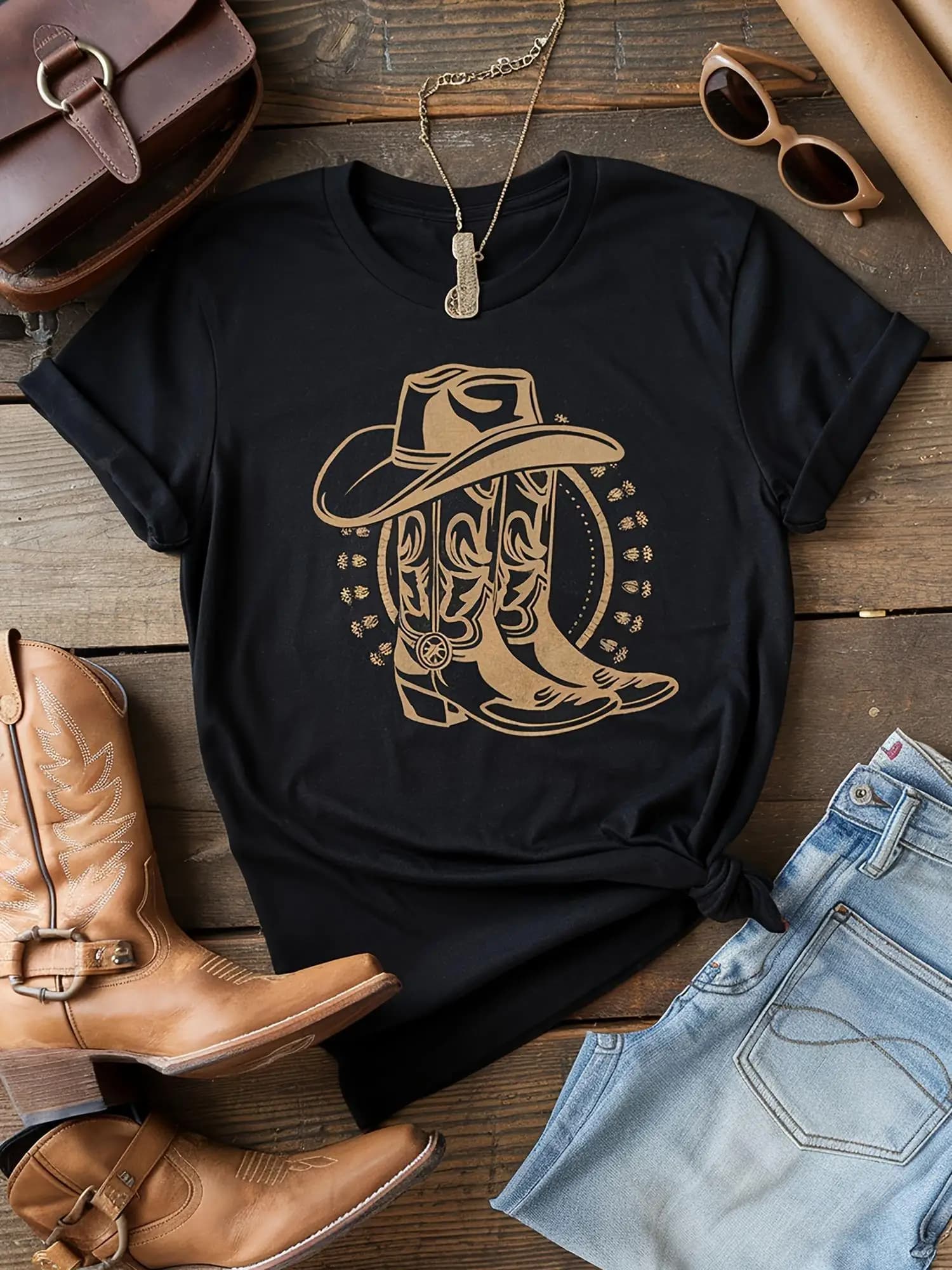 T-shirt délavé noir décontracté pour femmes, avec botte de cowboy occidentale et imprimé de chapeau,