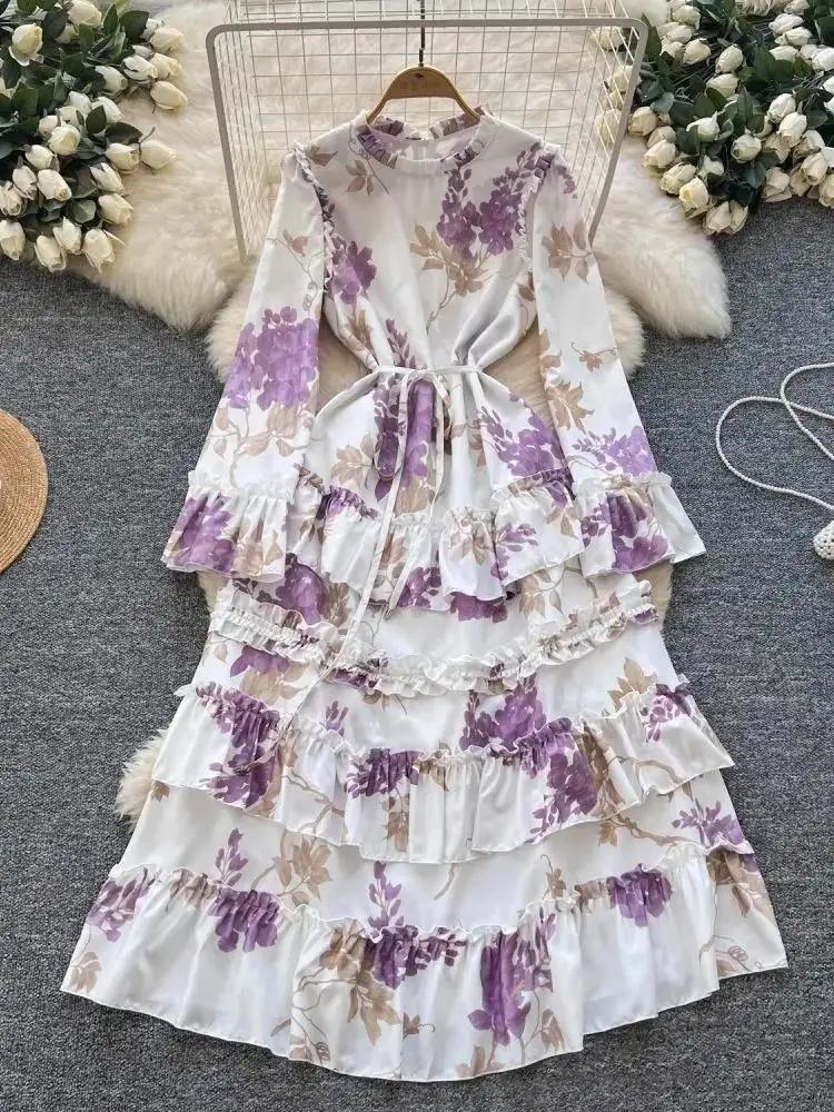 Robe gâteau à volants en cascade à imprimé fleuri µ, robe à manches évasées, ceinture à lacets, élég