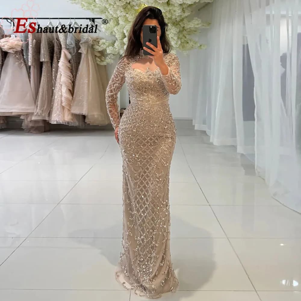 Robe de soirée sirène élégante pour femmes, manches longues, arabie musulmane, perles, longue robe f