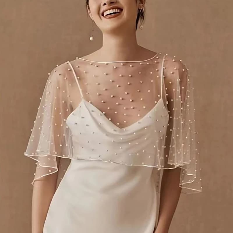 Châle de mariage en tulle orné de perles, voile de mariée transparent, court devant et long derrière