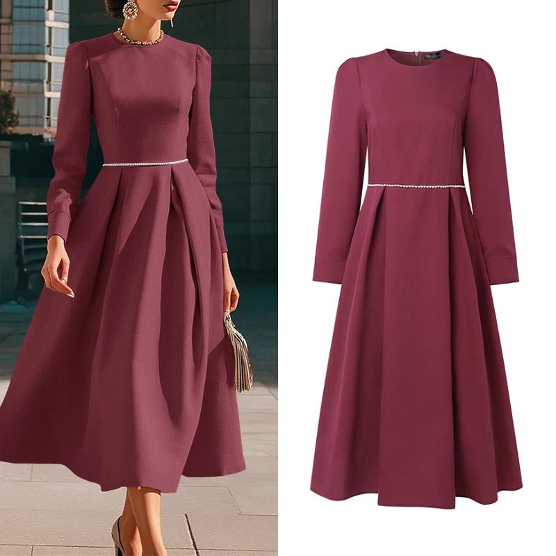 ZANZEA Robes midi élégantes pour femmes, col rond, manches longues, coupe trapèze, avec détails en p