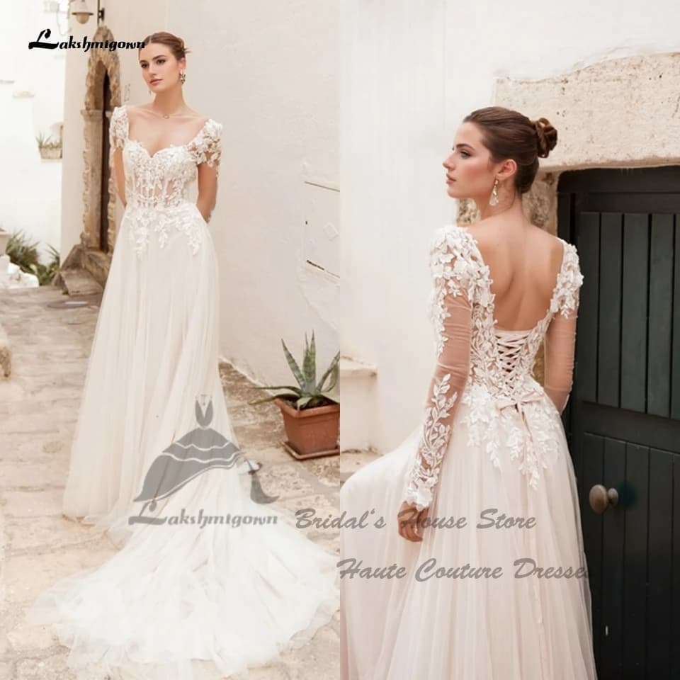 Yanshmigown-Robes de mariée bohème personnalisées, dentelle civile, manches longues, robe de mariée