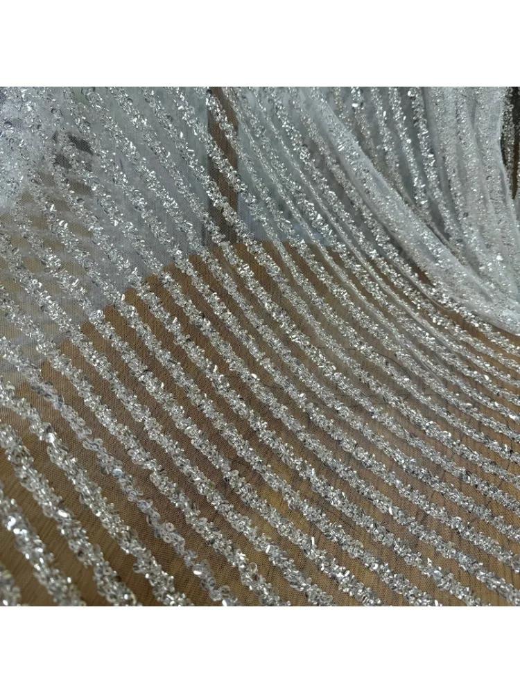 Tissu en tulle transparent à rayures, orné de perles, de cristaux et de paillettes, pour robe de mar