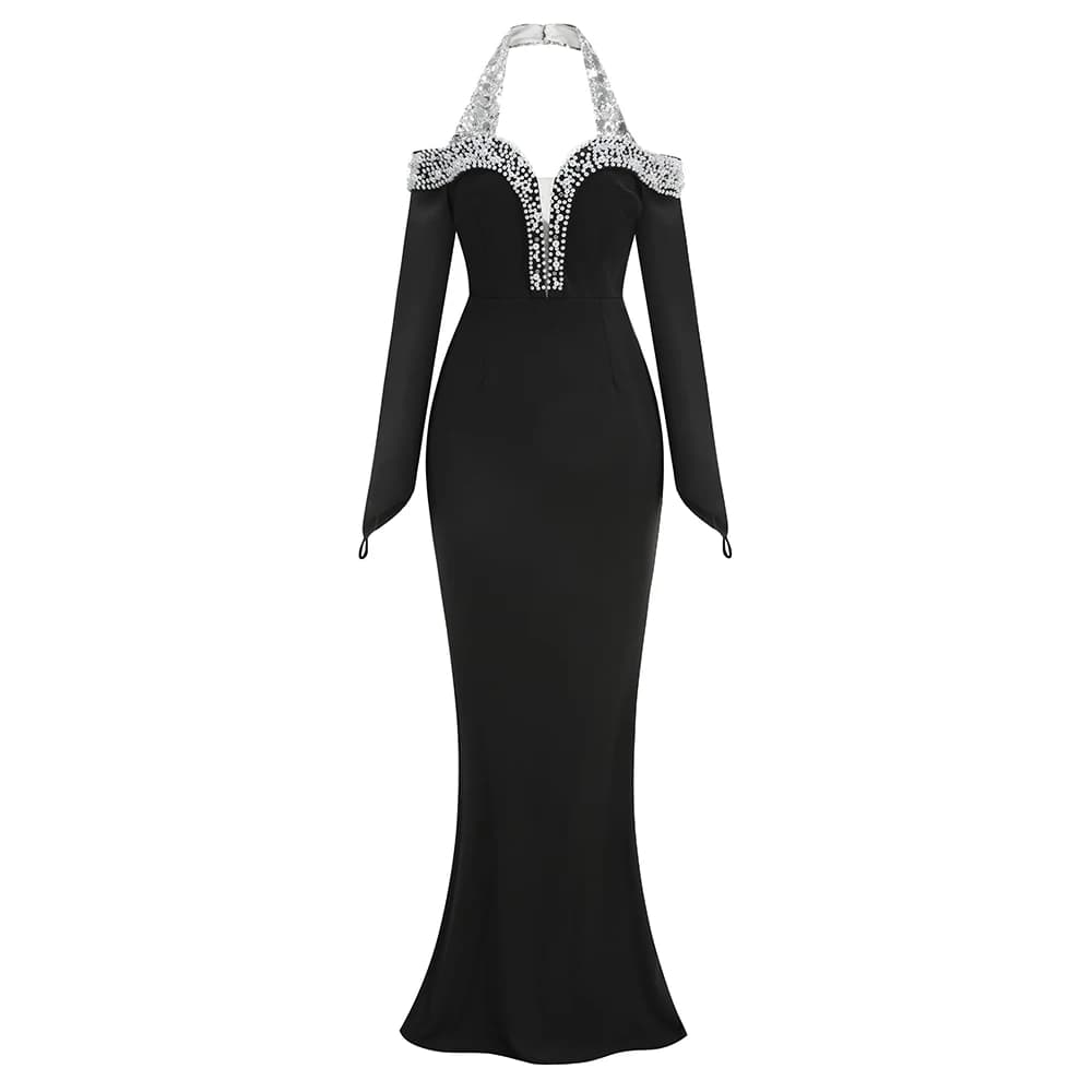 Robe longue sirène noire glamour avec strass, col licou, manches épaules dénudées, robe de soirée de