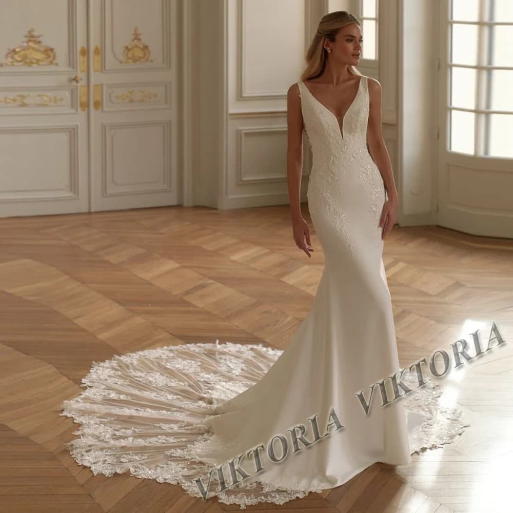 VIKTORIA-Robe de Mariée Sirène Élégante pour Femme, Col en V, Dos aux, FibrSatin, Personnalisée