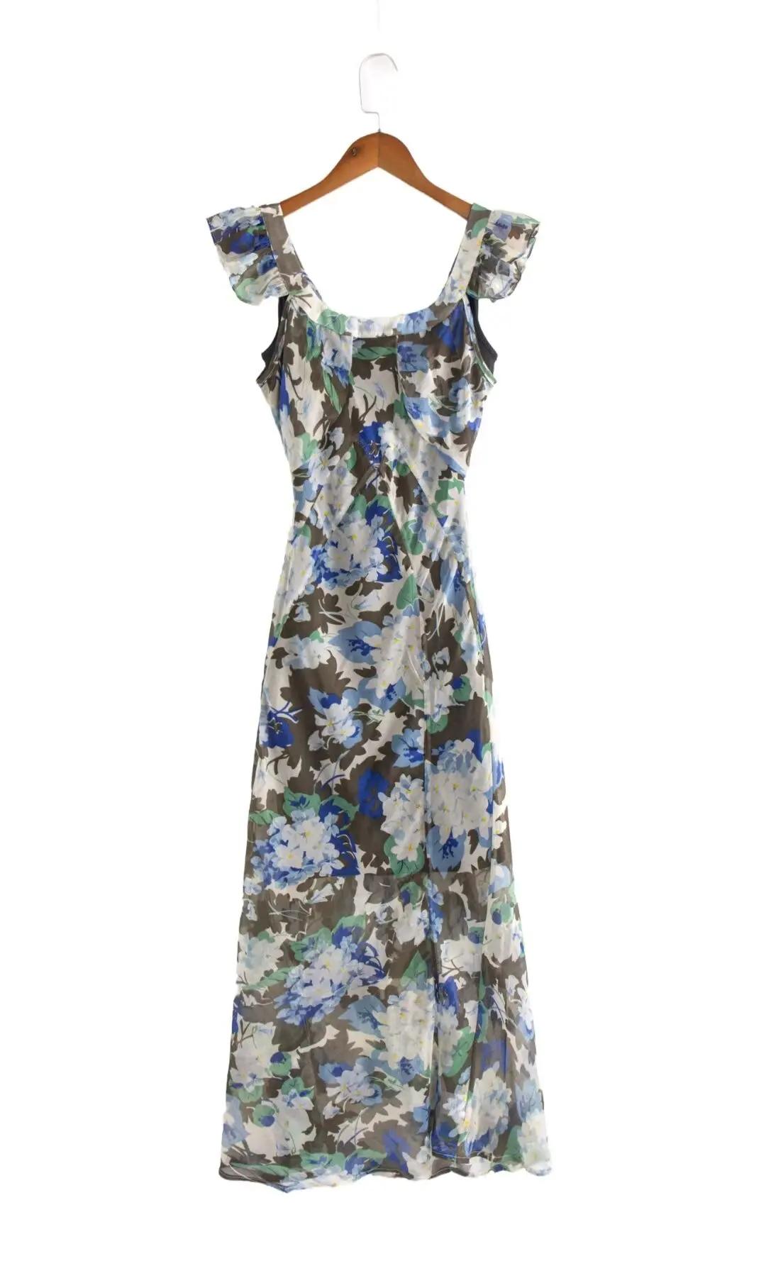Bazaleas-Robe mi-longue à volants en mousseline de soie pour femmes, manches cape, imprimé floral ro