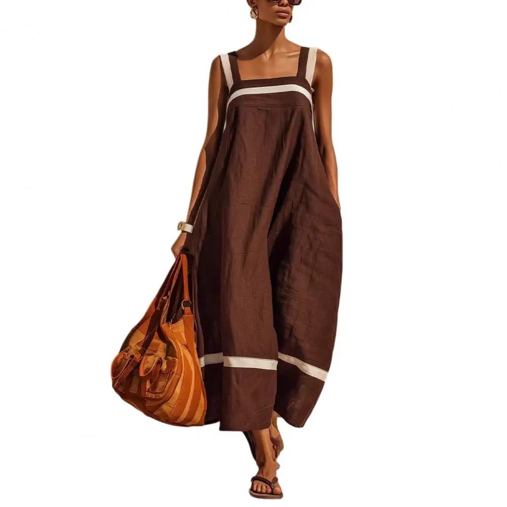 Robe d'été pour femmes, robe longue ample en coton et lin sans manches, décorée de pompons, avec poc