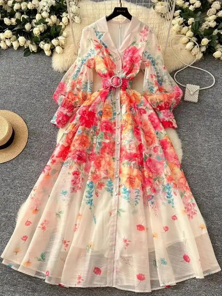 Robe en organza à fleurs pour femmes, manches longues lanterne crantées, ceinture de perles, robe lo