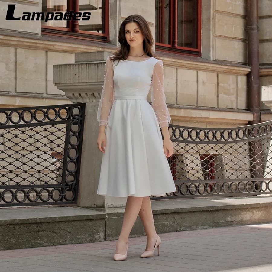Robe de Mariée Civile avec Perles, Manches sulf, Longueur Genou, Robe Éducative, Élégante, 2022