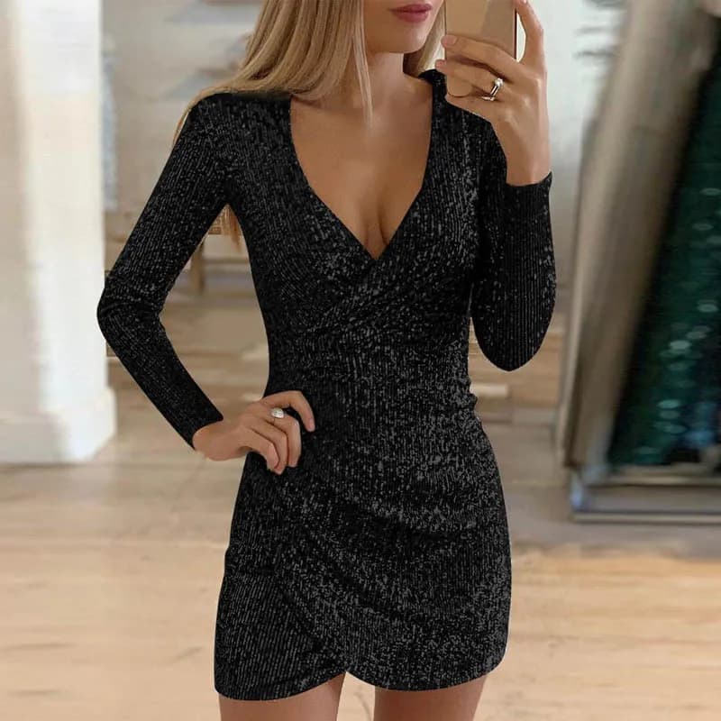 Robes pour femmes 2025 Sexy col en v profond argent paillettes Mini robe moulante printemps automne