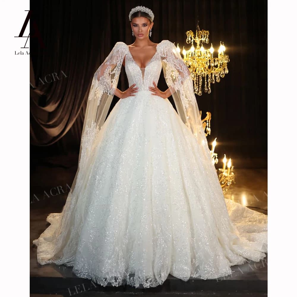 LelaAcra magnifique robe de mariée trapèze 2026 luxe col en v 2 en 1 cape princesse robe de mariée S