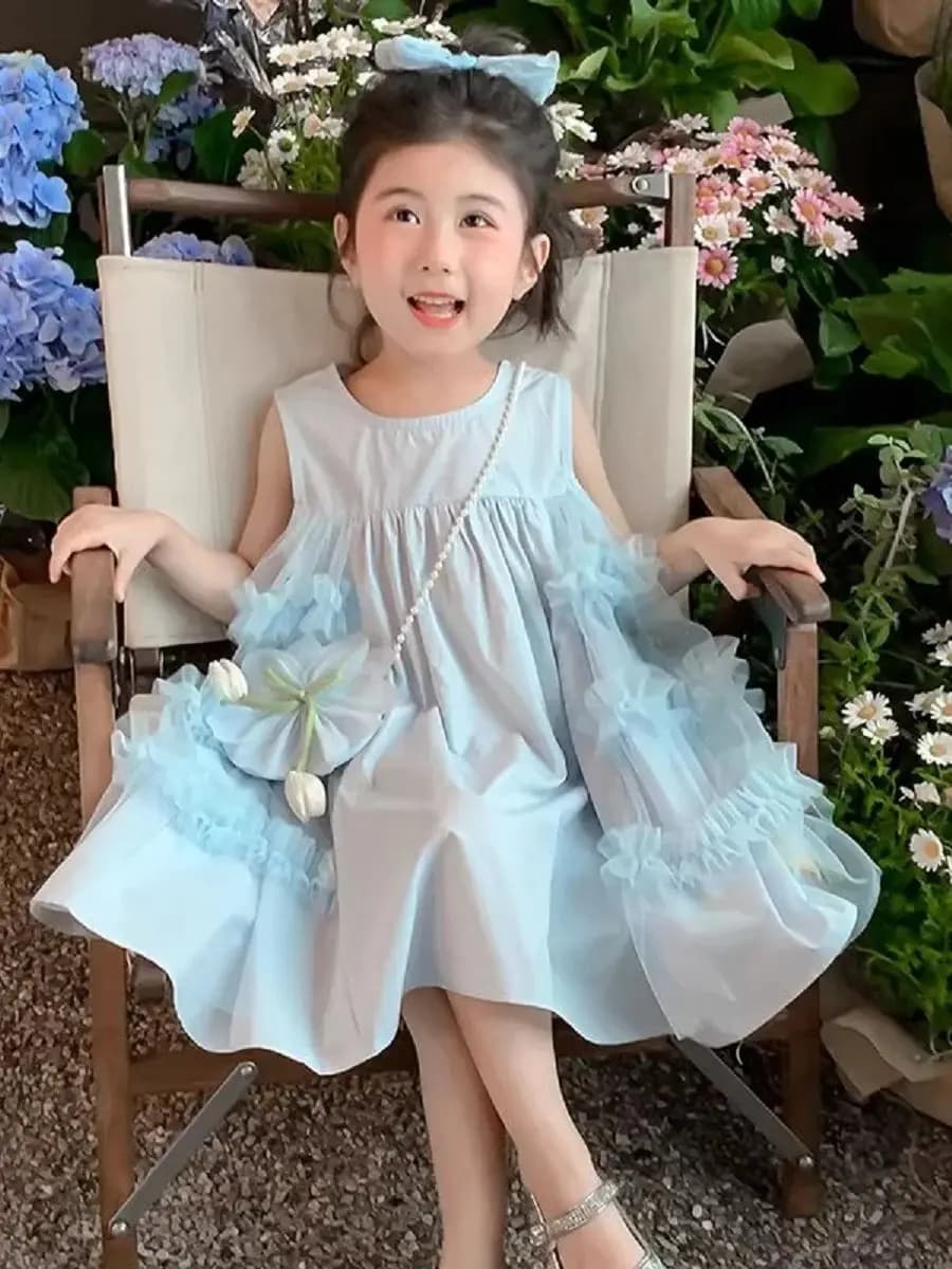 Robe d'été bleue pour filles, nouveau style, robe de princesse à la mode pour petites filles, robe d