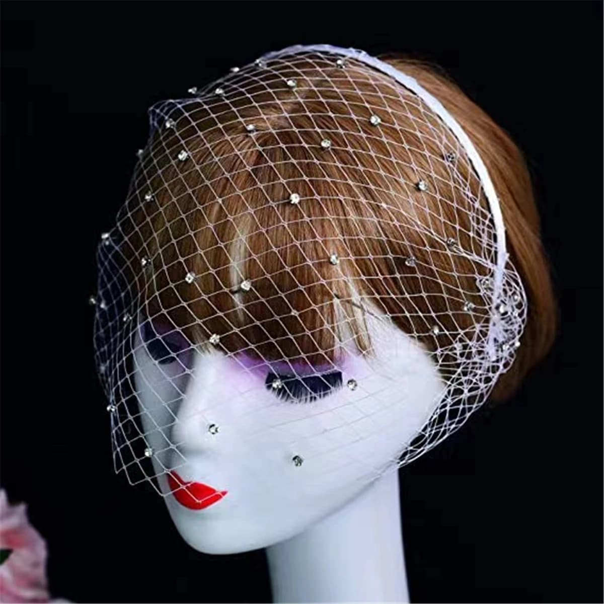 Voile de mariée Simple avec strass, élégant, détachable, pour cage à oiseaux, pour fête, noir et bla