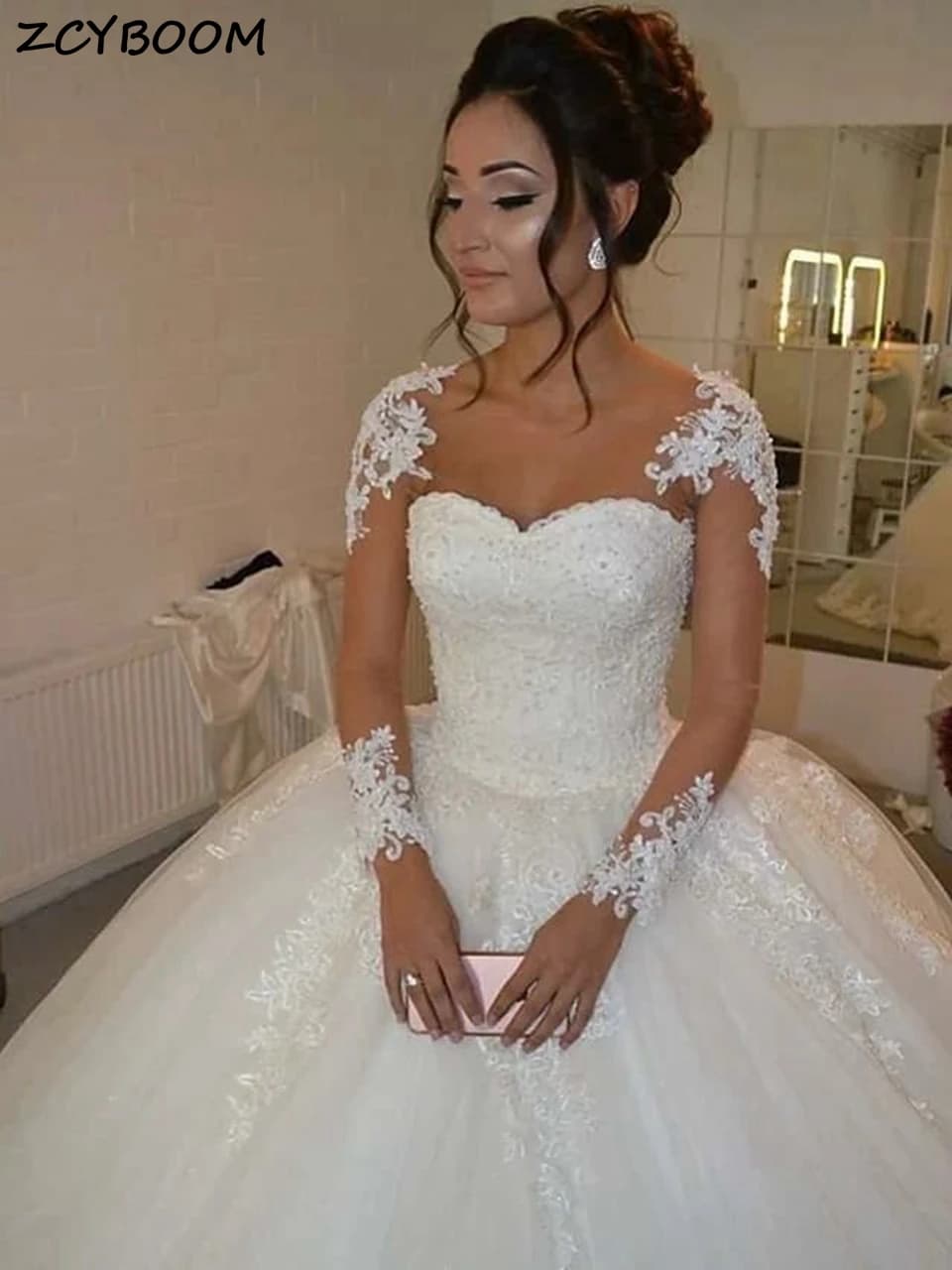 Robe de mariée blanche/ivoire 2026, robe de bal illusion, appliques en dentelle, robe de mariée élég