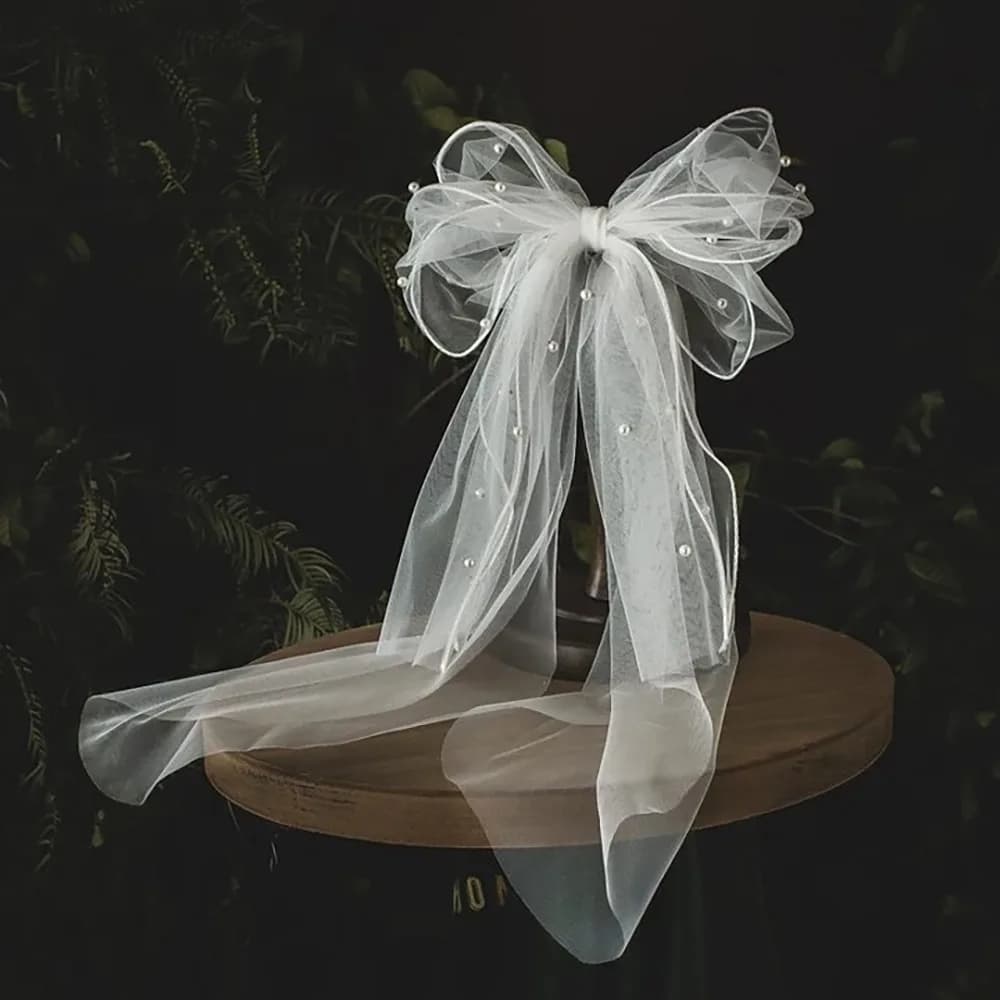 Voile de mariée romantique multicouche en gaze et dentelle, blanc, élégant, court, avec nœud en perl