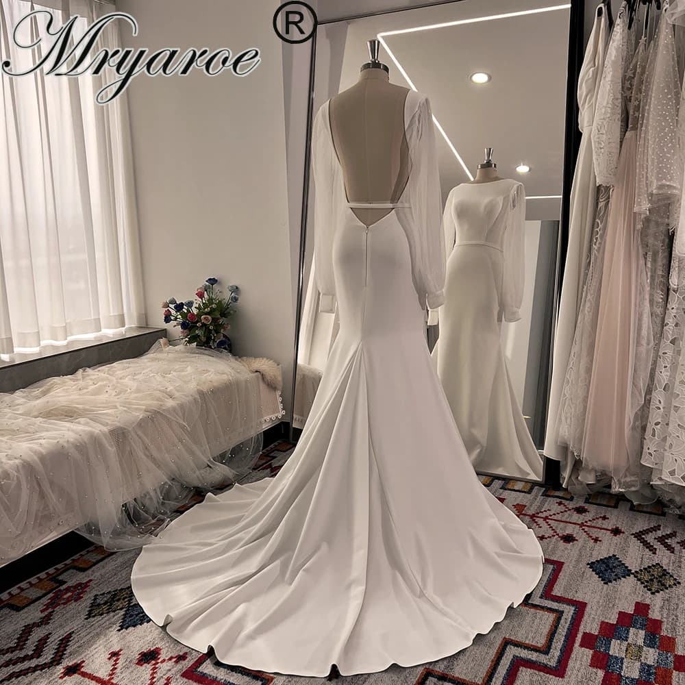 Mryarce robes de mariée extensibles minimalistes longues manches en Tulle plissées dos nu robes de m