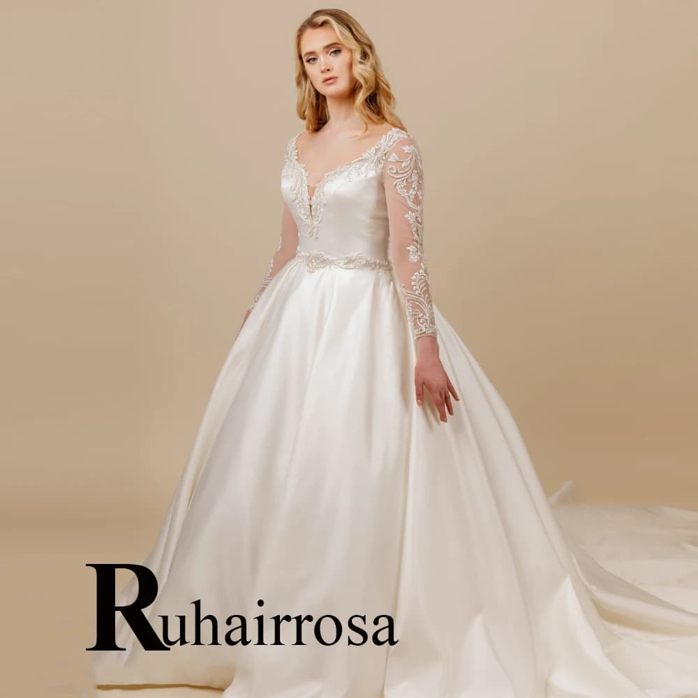 Ruhair Vintage robe De mariée pour mariée a-ligne Appliques fermeture éclair Court Train Satin chéri