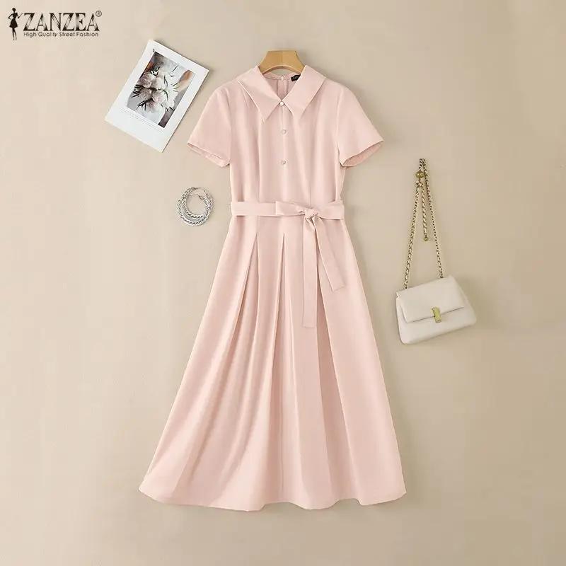 ZANZEA Robe Midi Élégante pour Femme avec Ceinture, Col Rabattu, Manches Courtes, Plis Inversés, Cou
