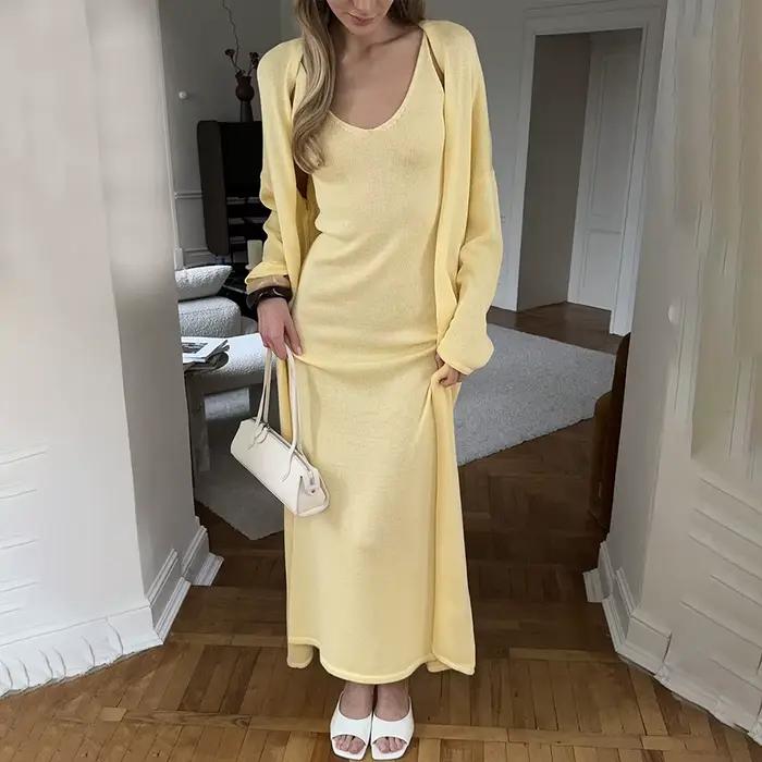 Tuularose femmes robe longue 2 pièces solide tricoté Spaghetti sangle robe à manches longues Cardiga