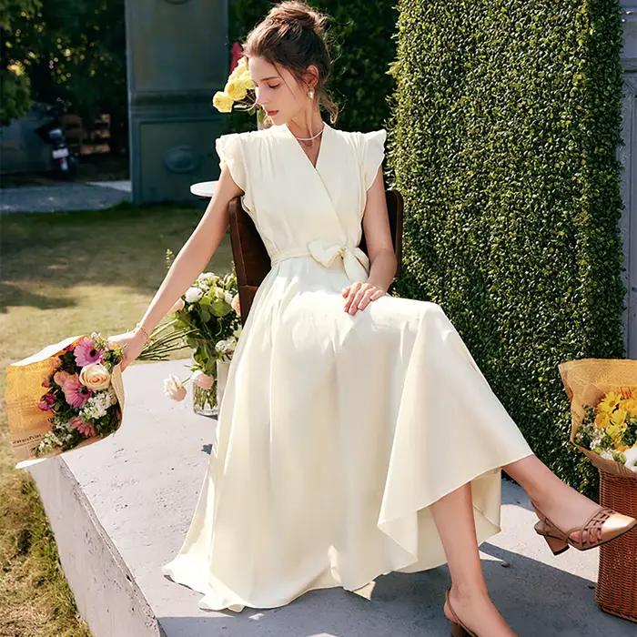 Robe longue élégante OLrain pour femme, collection été 2026, tendance, col en V, manches volantes, i
