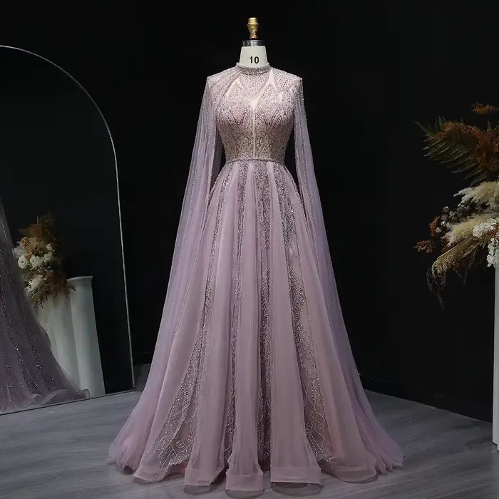 Sharon Said-Robe de soirée arabe rose de luxe pour femmes musulmanes, robe de Dubaï avec manches cap