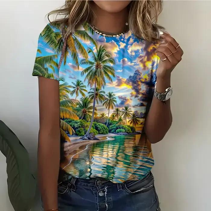 T-shirt à manches courtes pour femmes, motif palmier de plage bleue, inspiré de la Nature, décontrac
