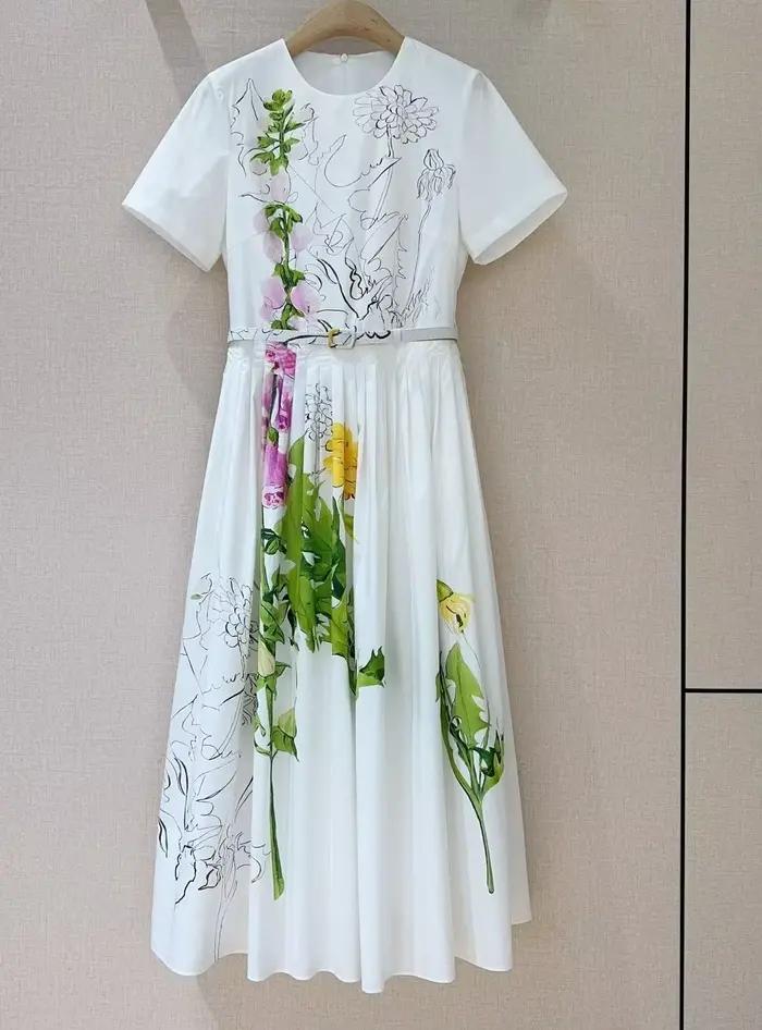 Top qualité nouveau 2026 printemps été robe femmes feuilles vertes imprimé fleuri poche Patchwork ma
