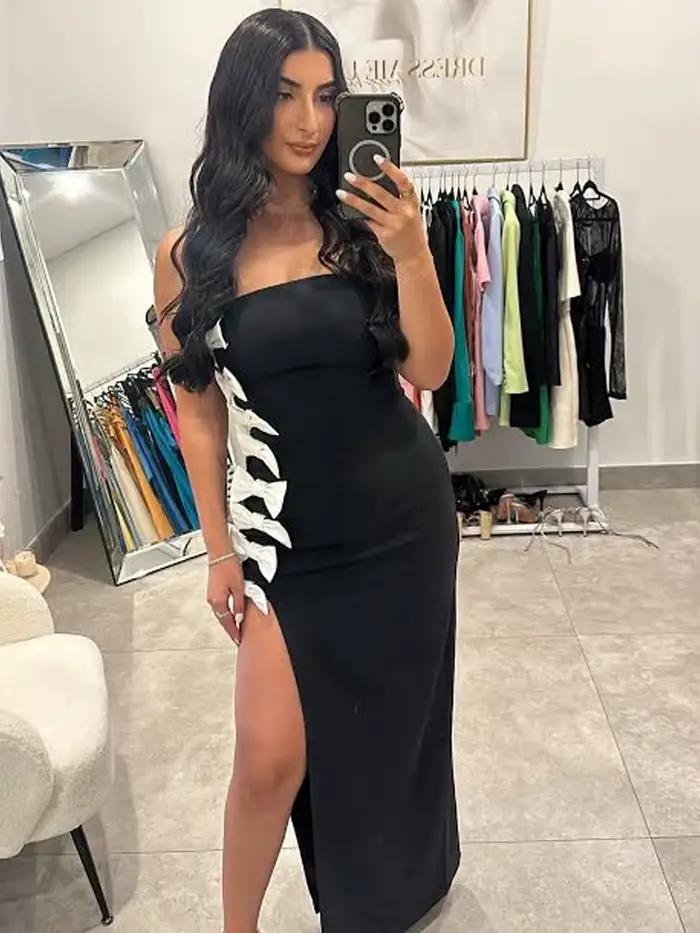 Robes de soirée chics noires sans bretelles avec détail de nœud blanc – Robe de soirée de luxe à fente haute pour femme