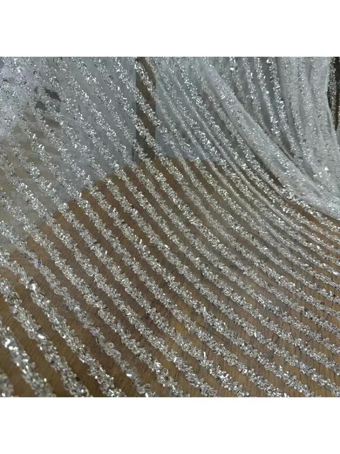 Tissu en tulle transparent à rayures, orné de perles, de cristaux et de paillettes, pour robe de mar