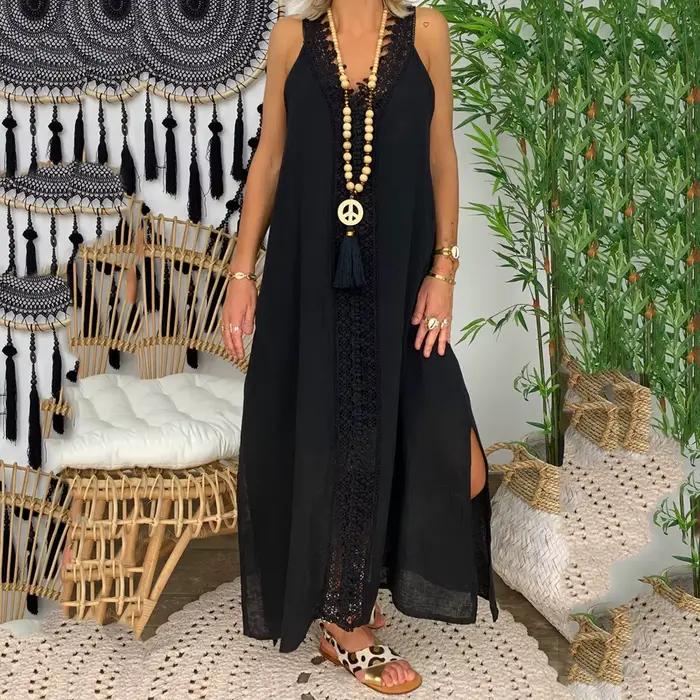 Robe longue en dentelle à col en V pour femmes, robes blanches en fibre, femme, décontracté, mode, é