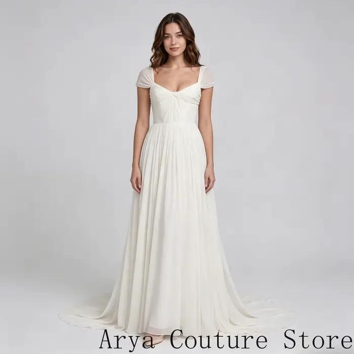 Robe de mariée romantique en mousseline ivoire, coupe A-ligne pour femmes, avec corsage drapé torsad