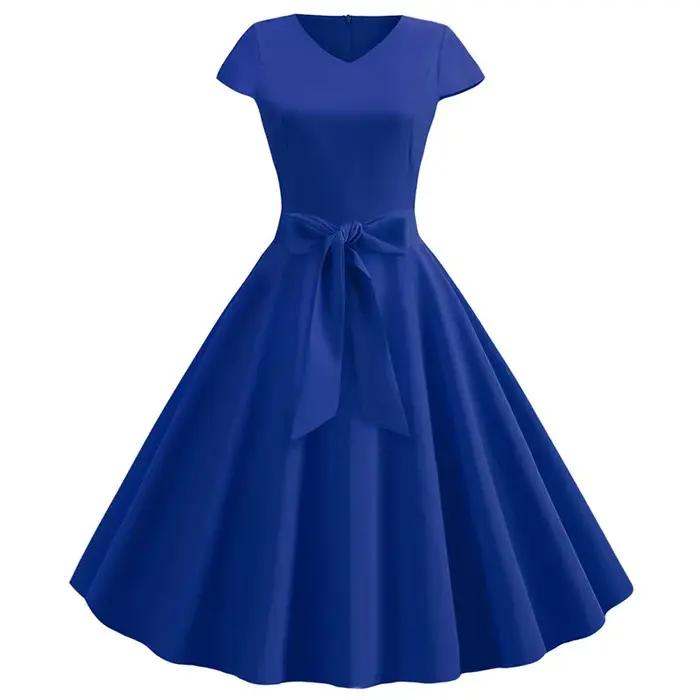 Robe d'été Vintage pour femmes, avec ceinture, manches courtes, col en V, élégante, rétro, robes de