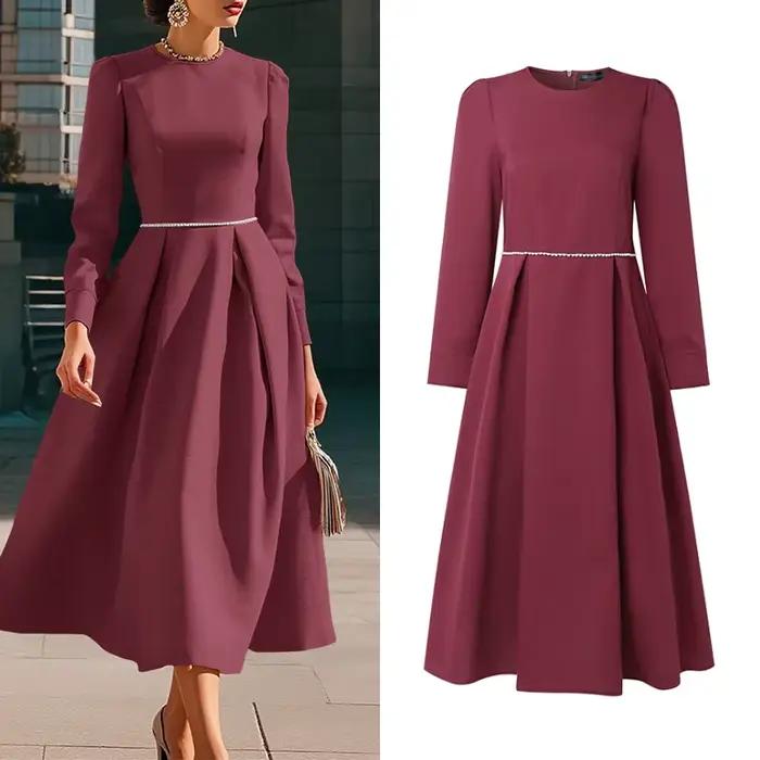 ZANZEA Robes midi élégantes pour femmes, col rond, manches longues, coupe trapèze, avec détails en p