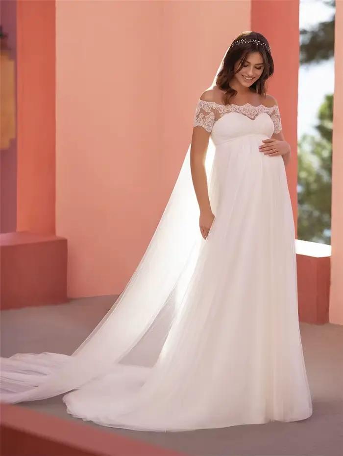 Robes de mariée de plage pour femmes enceintes, col bateau, manches courtes, compromis, patients tra