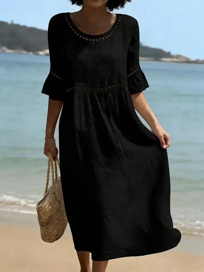 Robe en lin brodée à la française, robe midi ample à manches courtes à volants pour les vacances à l