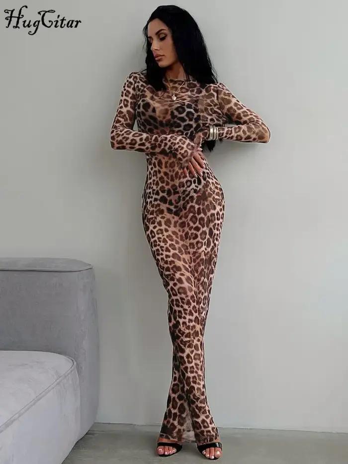 Hugcitar imprimé léopard maille à manches longues Sexy mince voir à travers Maxi robe automne femmes