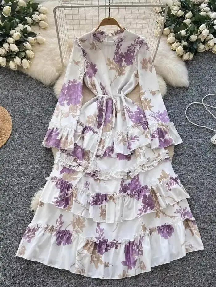 Robe gâteau à volants en cascade à imprimé fleuri µ, robe à manches évasées, ceinture à lacets, élég