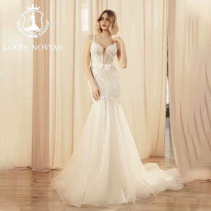 Modis-Robe de mariée sirène sexy, bretelles spaghetti, broderie perlée, cristal, robe de mariée éduc
