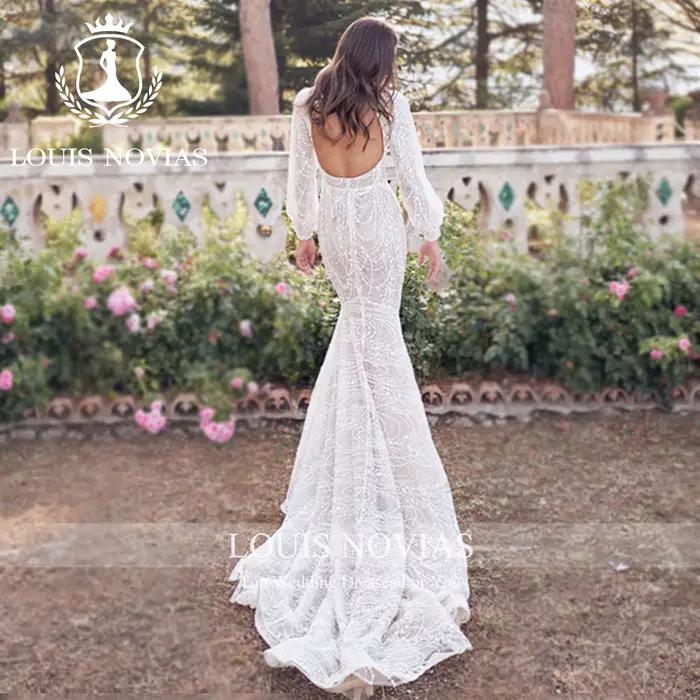 LOUIS NOVIAS robes De mariée sirène pour femmes Champagne col en v dos nu fermeture éclair manches bouffantes robe De mariée robes De Novia