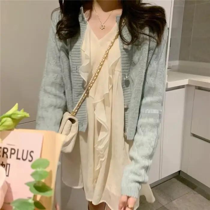 Robe de princesse élégante à manches longues pour femmes, col en V à volants, design de base, mini,