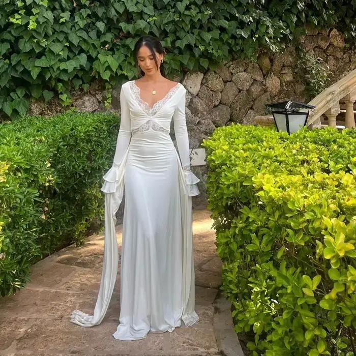 Robe longue élégante blanche à manches longues pour femme, sexy, col en V, dos nu, en dentelle, pour
