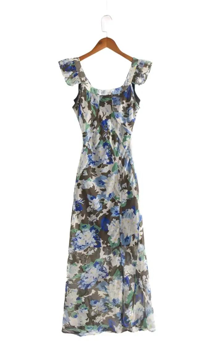 Bazaleas-Robe mi-longue à volants en mousseline de soie pour femmes, manches cape, imprimé floral ro